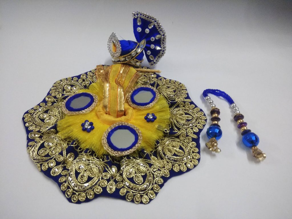 Yellow & Blue Designer Laddu Gopal Poshak with accessories